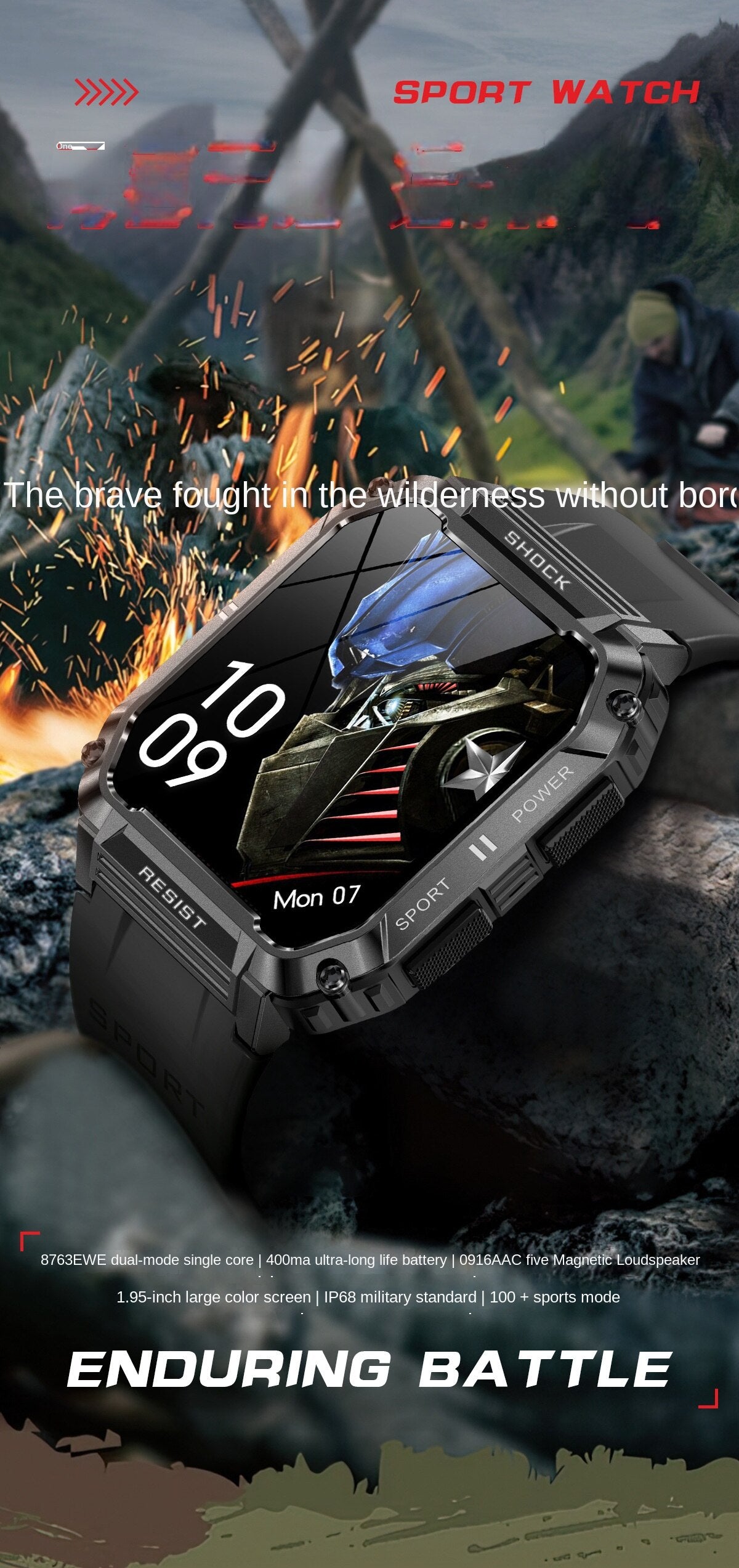 T3 three-proof smart watch 1.95 inch screen 8763EW Bluetooth call 400 mAh battery IP68 waterproof smart bracelet
