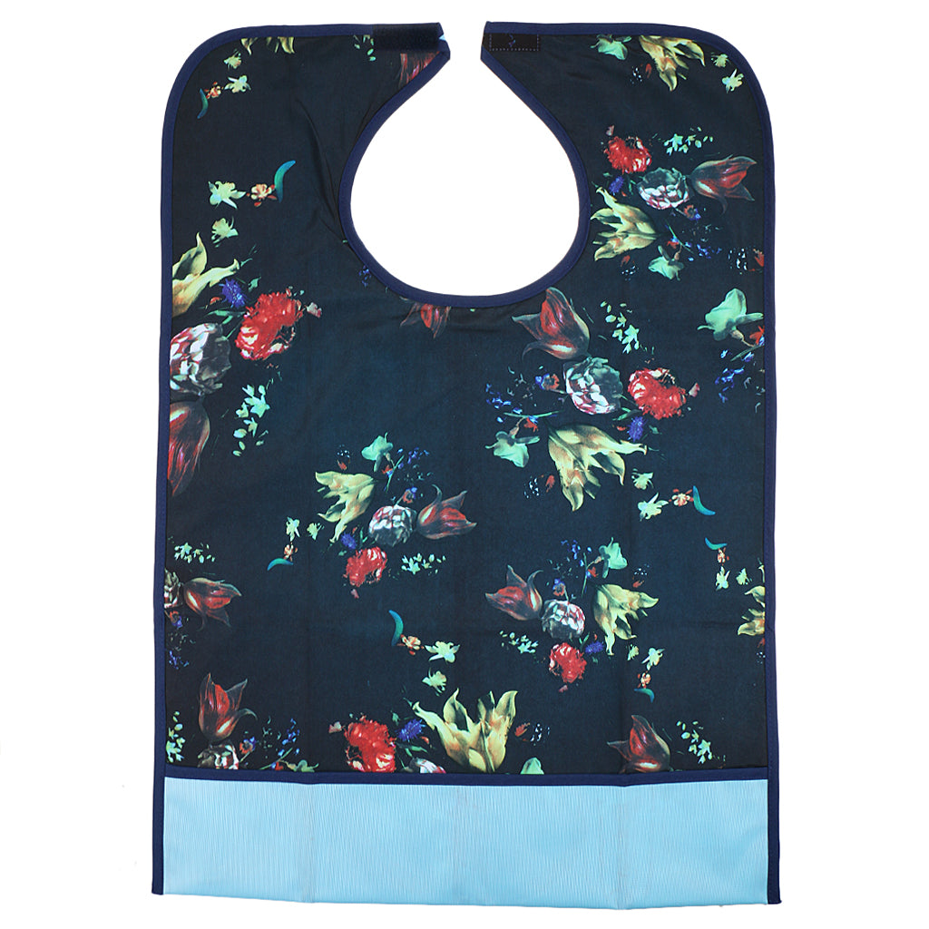 Adult Reusable Bibs Disability Patient Aid Apron with Catch Pocket - Floral