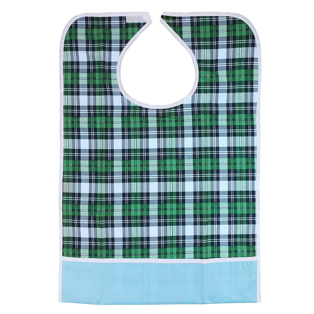 Adjustable Waterproof Adult Bib Cloth Protector w/ Crumb Catcher -Grid Print