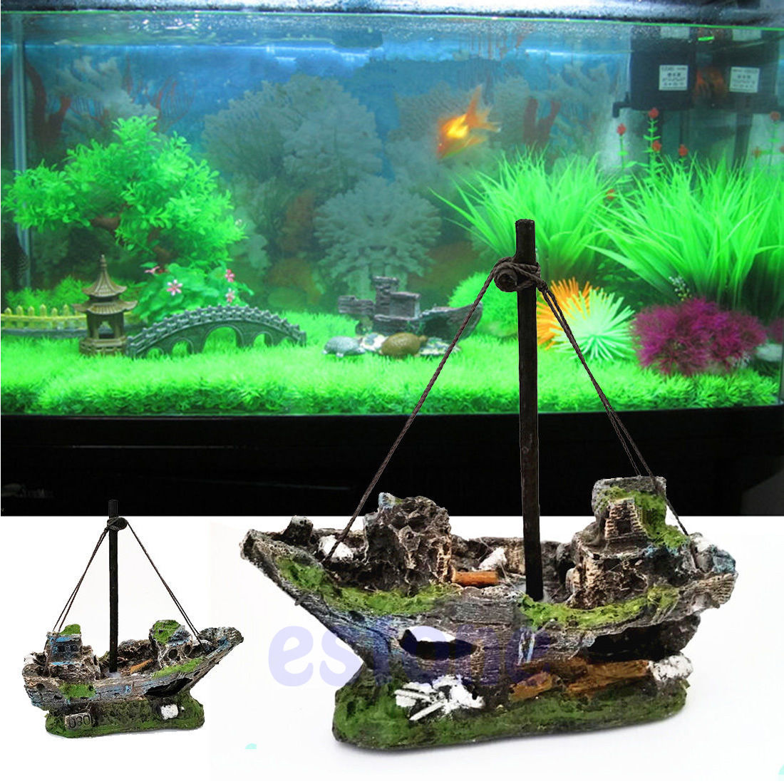 Aquarium Ornament Wreck Sailing Boat Sunk Ship Destroyer Fish Tank Cave DIY