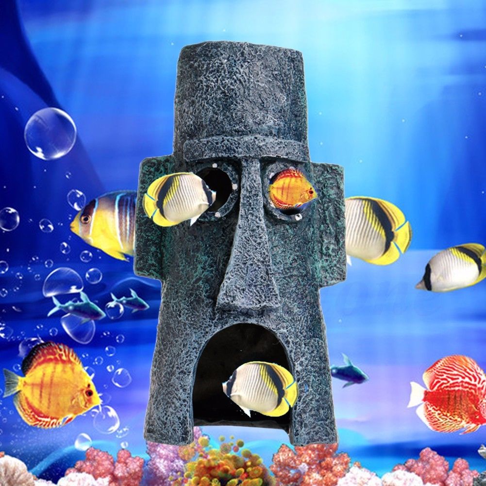 Aquarium Fish Tank Resin Moai Shape House Ornament Cave Landscape Decoration