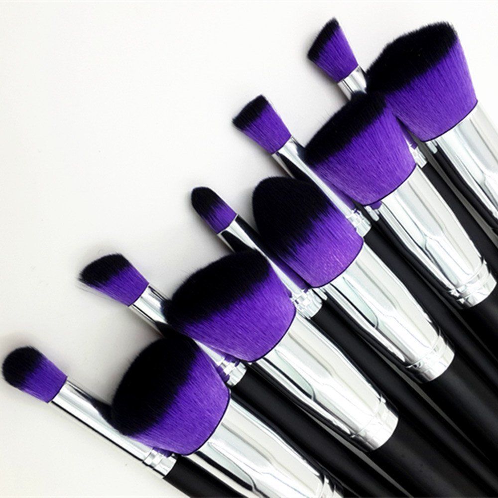 Premium Synthetic Kabuki Cosmetics Foundation Blending Blush Eyeliner Face Powder Lip Brush Makeup Brush Kit (10Pcs, Silver Purple)