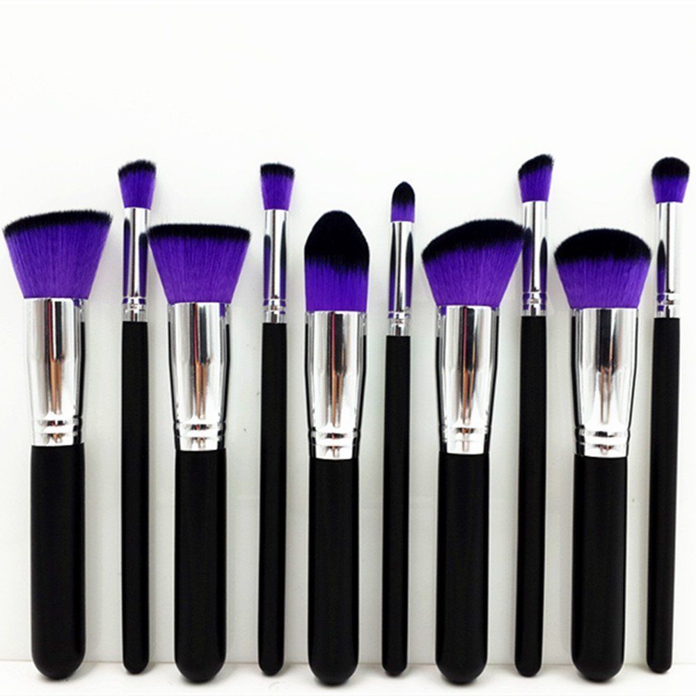 Premium Synthetic Kabuki Cosmetics Foundation Blending Blush Eyeliner Face Powder Lip Brush Makeup Brush Kit (10Pcs, Silver Purple)