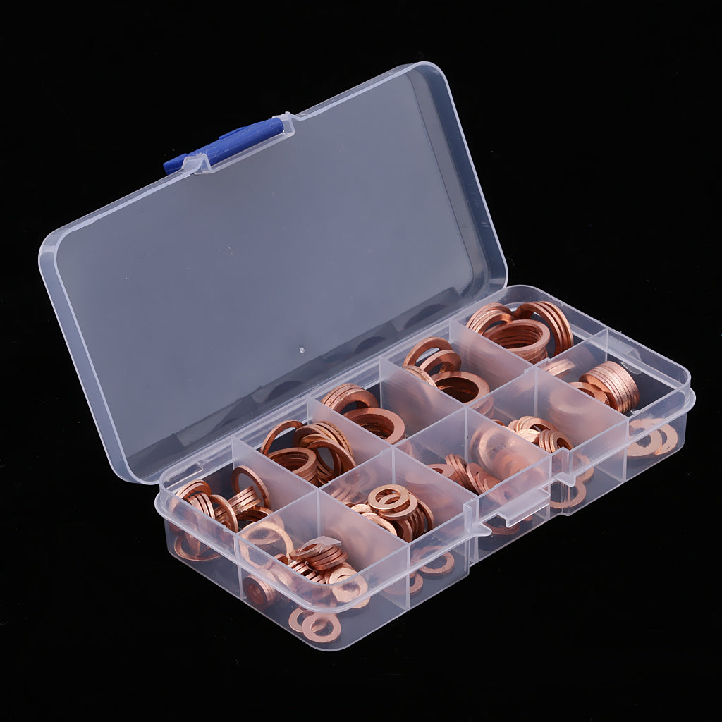 200Pcs Flat Ring Copper Washer Oil Sealing Gasket Assortment Hardware Set Box