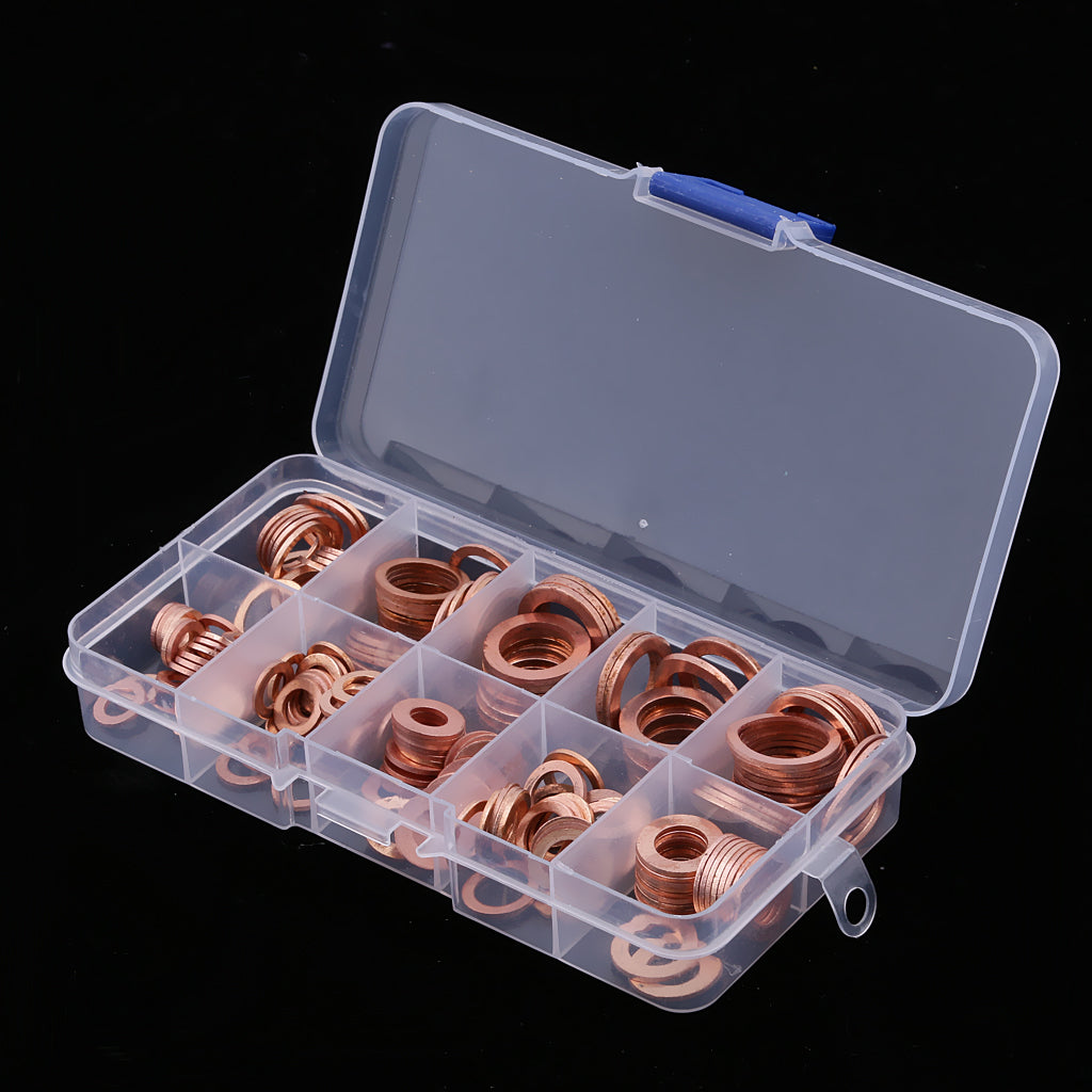 200Pcs Flat Ring Copper Washer Oil Sealing Gasket Assortment Hardware Set Box