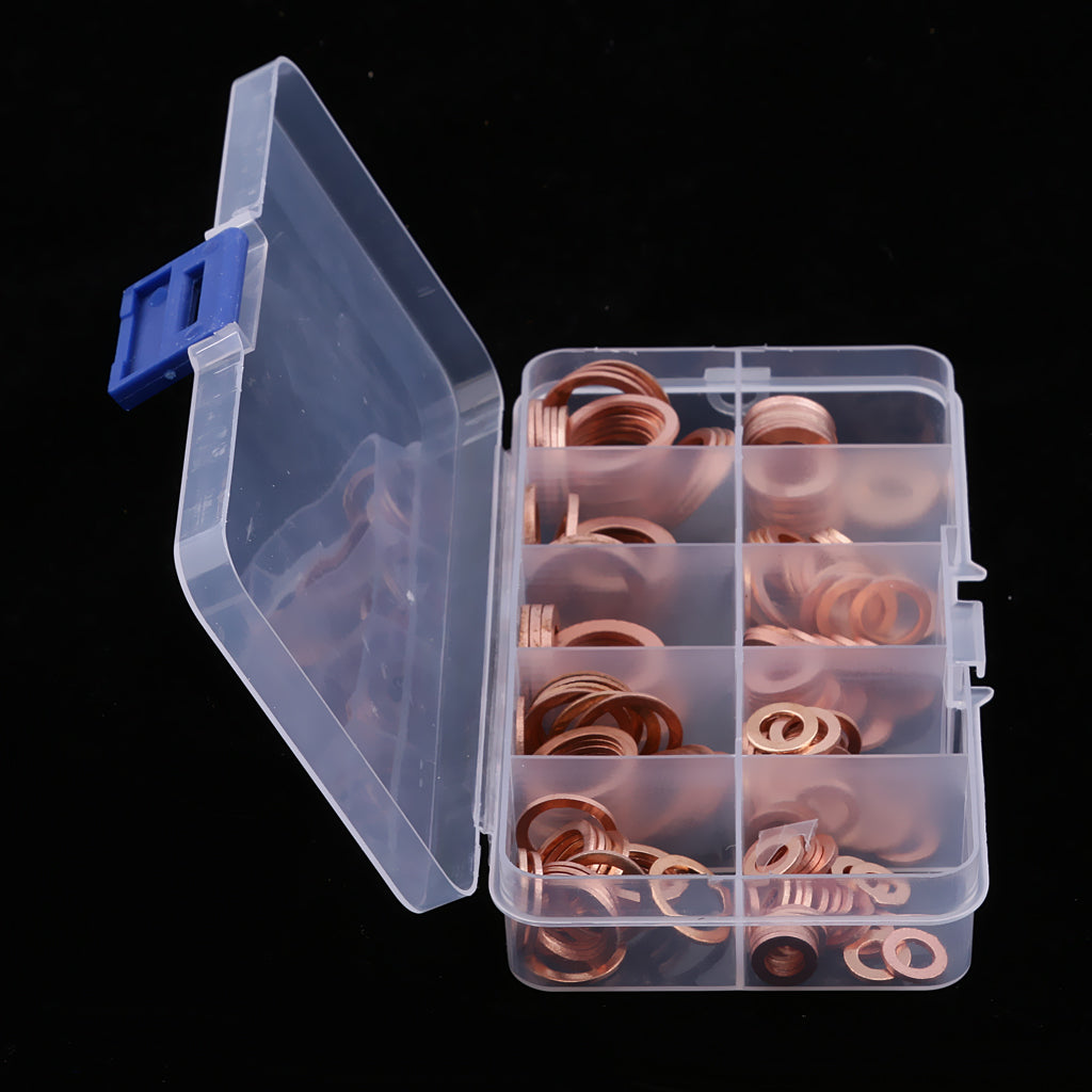 200Pcs Flat Ring Copper Washer Oil Sealing Gasket Assortment Hardware Set Box