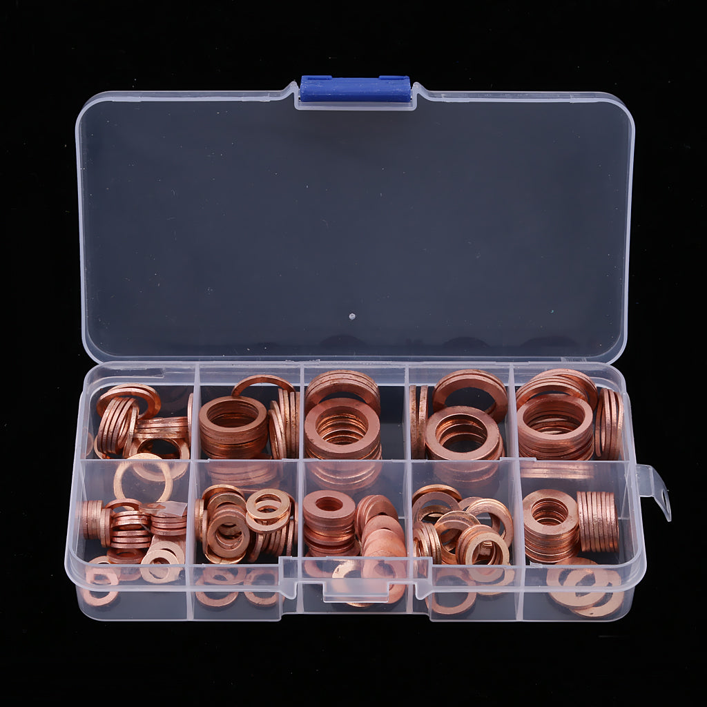 200Pcs Flat Ring Copper Washer Oil Sealing Gasket Assortment Hardware Set Box