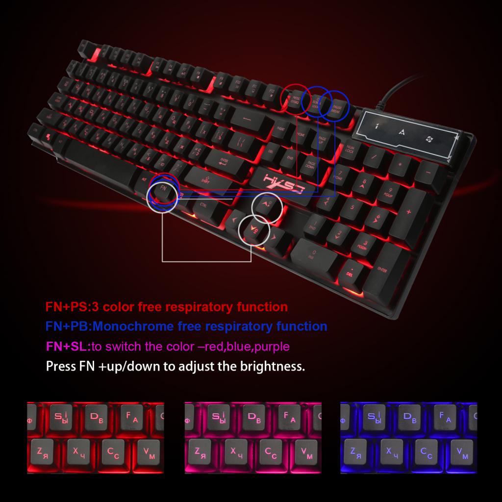 USB Wired Russian/English Gaming Keyboard 3LED Backlit 104 Keys for Computer