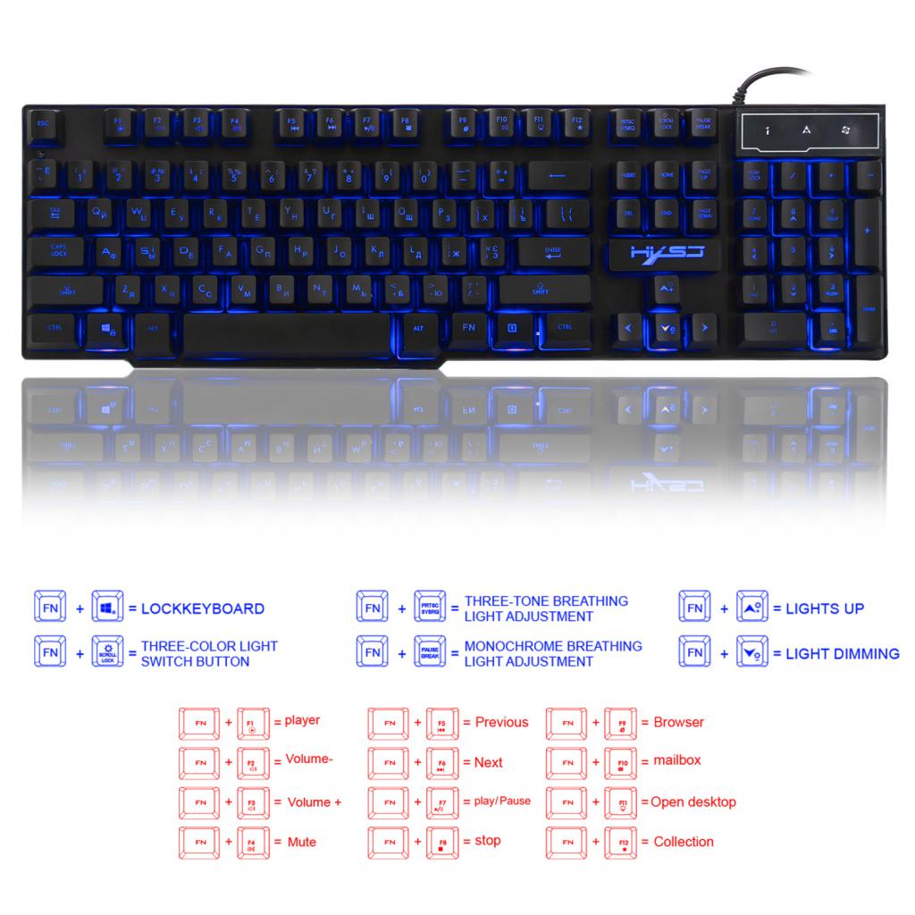 USB Wired Russian/English Gaming Keyboard 3LED Backlit 104 Keys for Computer