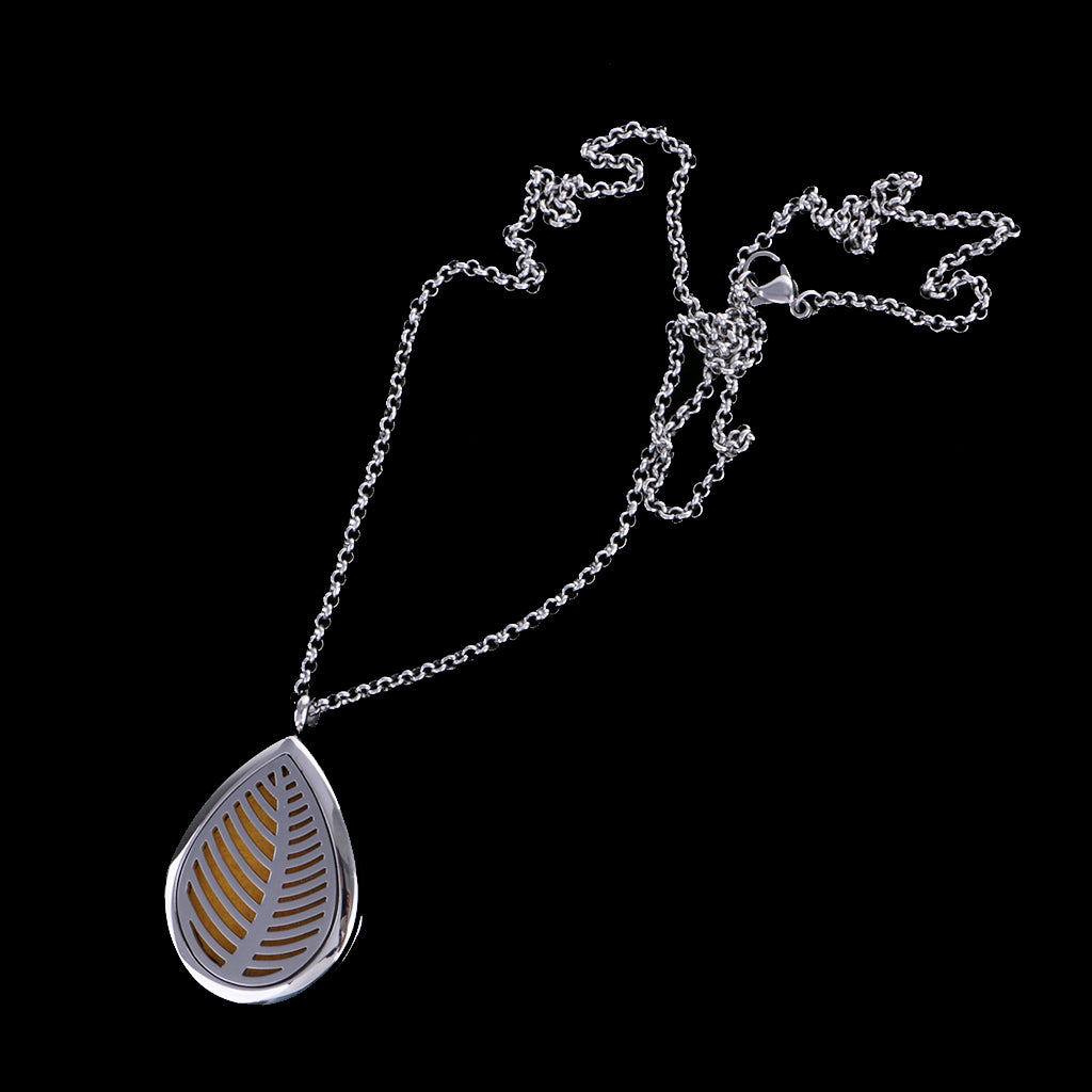 Hollow Tree Leaf Waterdrop 316L Stainless Steel Essential Oil Diffuser Necklace Pendant Jewelry 24" Chain 5 Pads