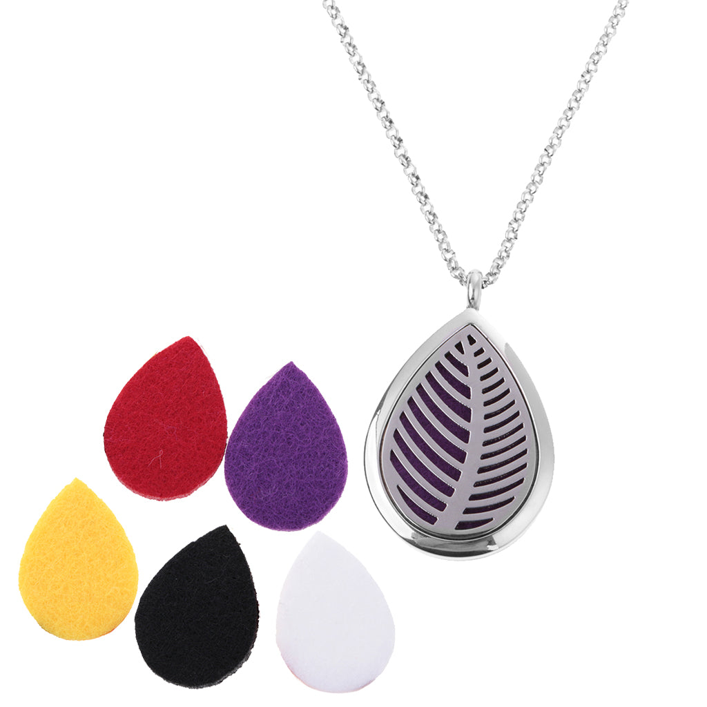 Hollow Tree Leaf Waterdrop 316L Stainless Steel Essential Oil Diffuser Necklace Pendant Jewelry 24" Chain 5 Pads