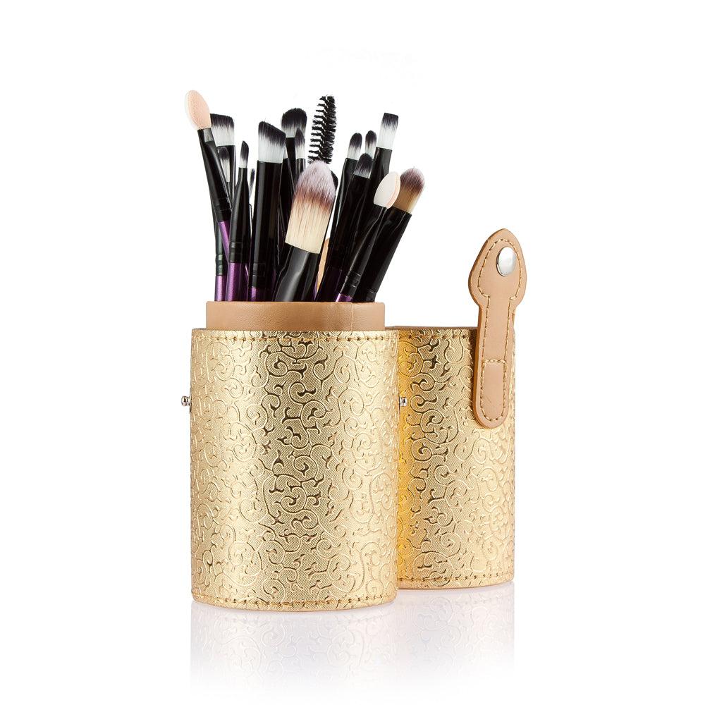 Women Pro Makeup Beauty Cosmetic Tools Makeup Brush Holder Gold + Set of 20PCS Face Foundation Eye Lip Beauty Makeup Brushes Purple Black