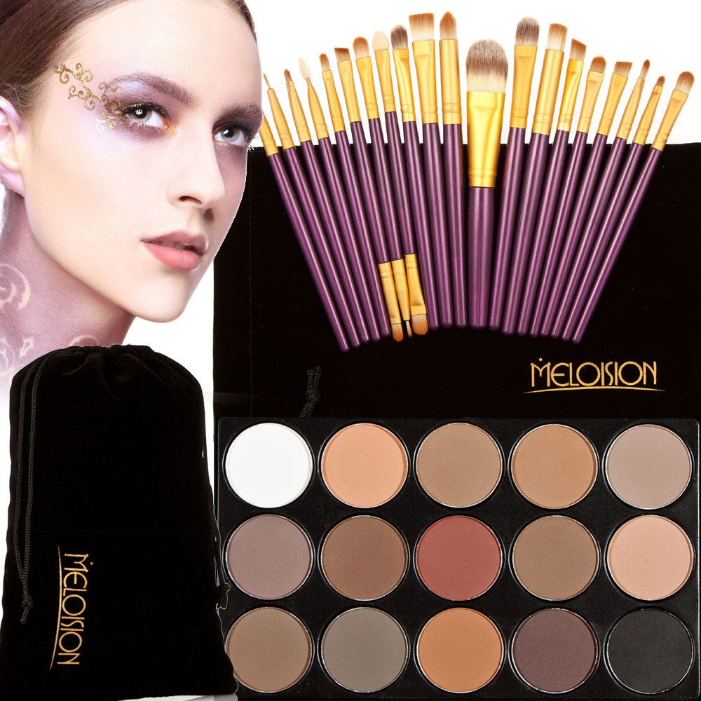 Women Girls Cosmetic Beauty Tools Eye Makeup 15 Assorted Color 15-Color Eyeshadow Palette+20Pcs/Set Eyebrow Lip Makeup Brushes Purple Gold