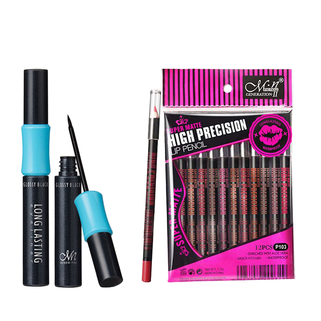 Lasting & Waterproof 12Color Matt Lip Liner Pencil+Liquid Eyeliner Pen Eye Lip Contour Set Makeup Comestics