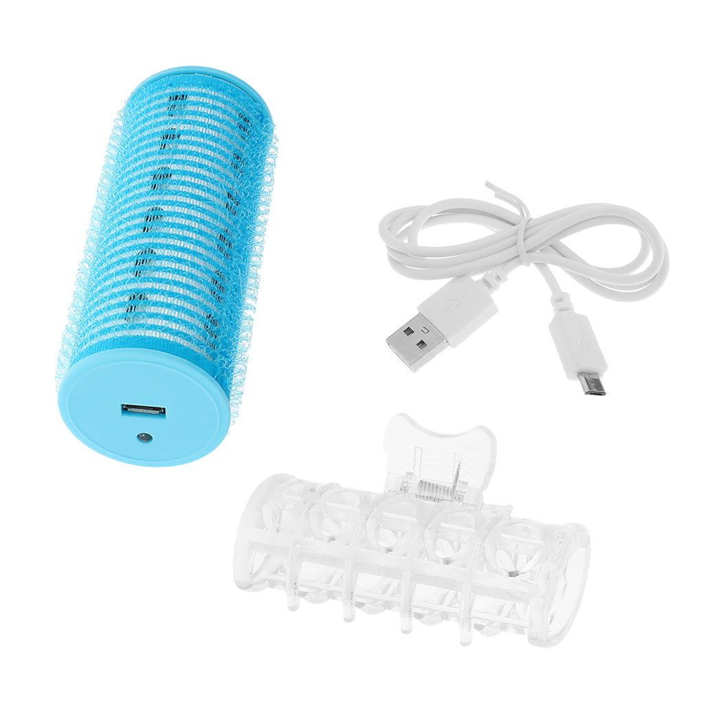 Compact Size USB Rechargeable Double-Deck Roller Hair Curler Hair Roller Women Hair Styling Tools with USB Cable Blue