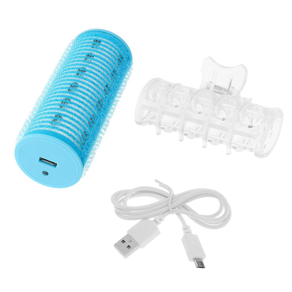 Compact Size USB Rechargeable Double-Deck Roller Hair Curler Hair Roller Women Hair Styling Tools with USB Cable Blue