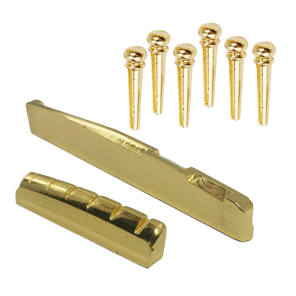 6Pcs Brass Bridge Pins Peg+Saddle Nut Slotted for 6-String Folk Guitar Replacement Parts