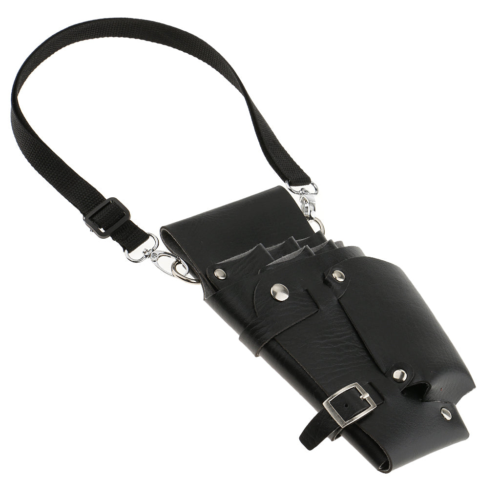 PU Leather Hair Scissors Combs Holster Hairdressing Bag Pouch Holder with Waist Shoulder Belt - Black