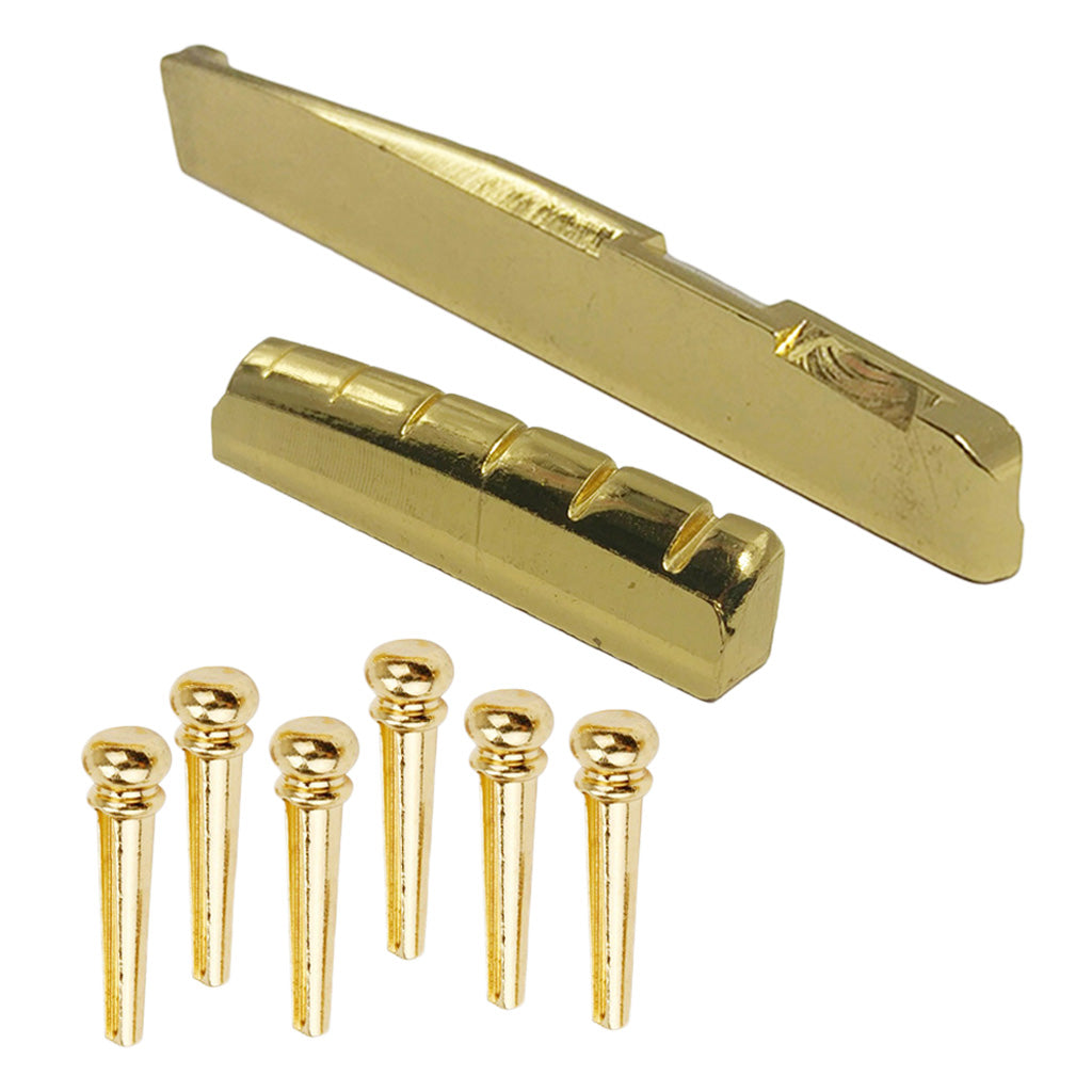 Instrument Bridge Pins Peg+Saddle Nut Gold Brass Slotted for Acoustic Guitar