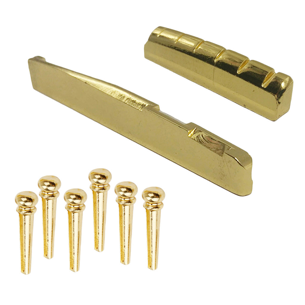 Instrument Bridge Pins Peg+Saddle Nut Gold Brass Slotted for Acoustic Guitar