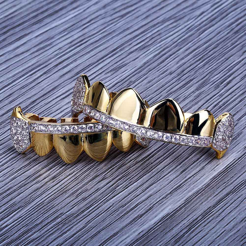 Hip Hop Grills Teeth Grills Sets Zircon 18K Gold Plated Grills Cap Joker Halloween Club