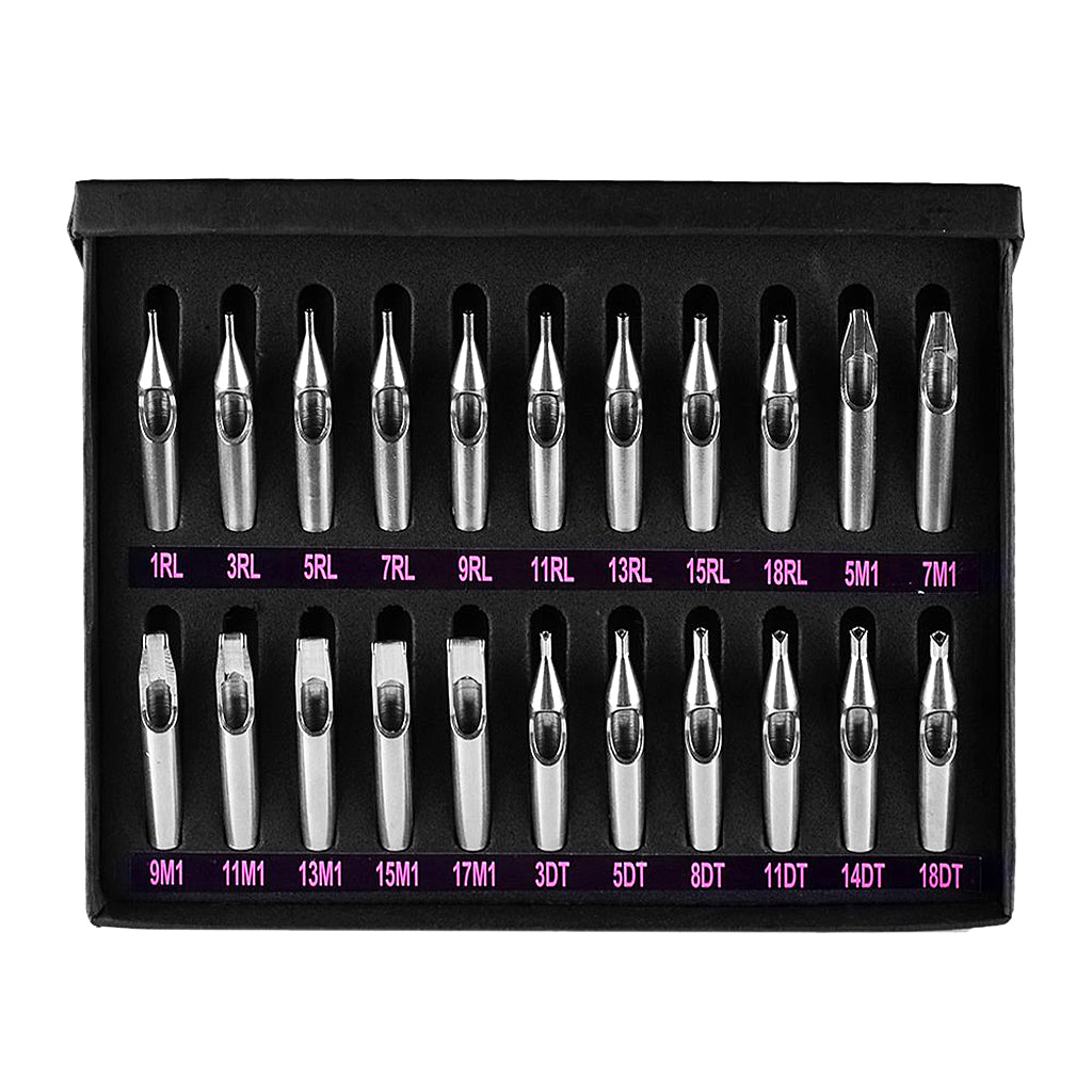 22Pcs/Box Stainless Steel Tattoo Tips Nozzles Set with 6Pcs Aluminum Ribbed Grips