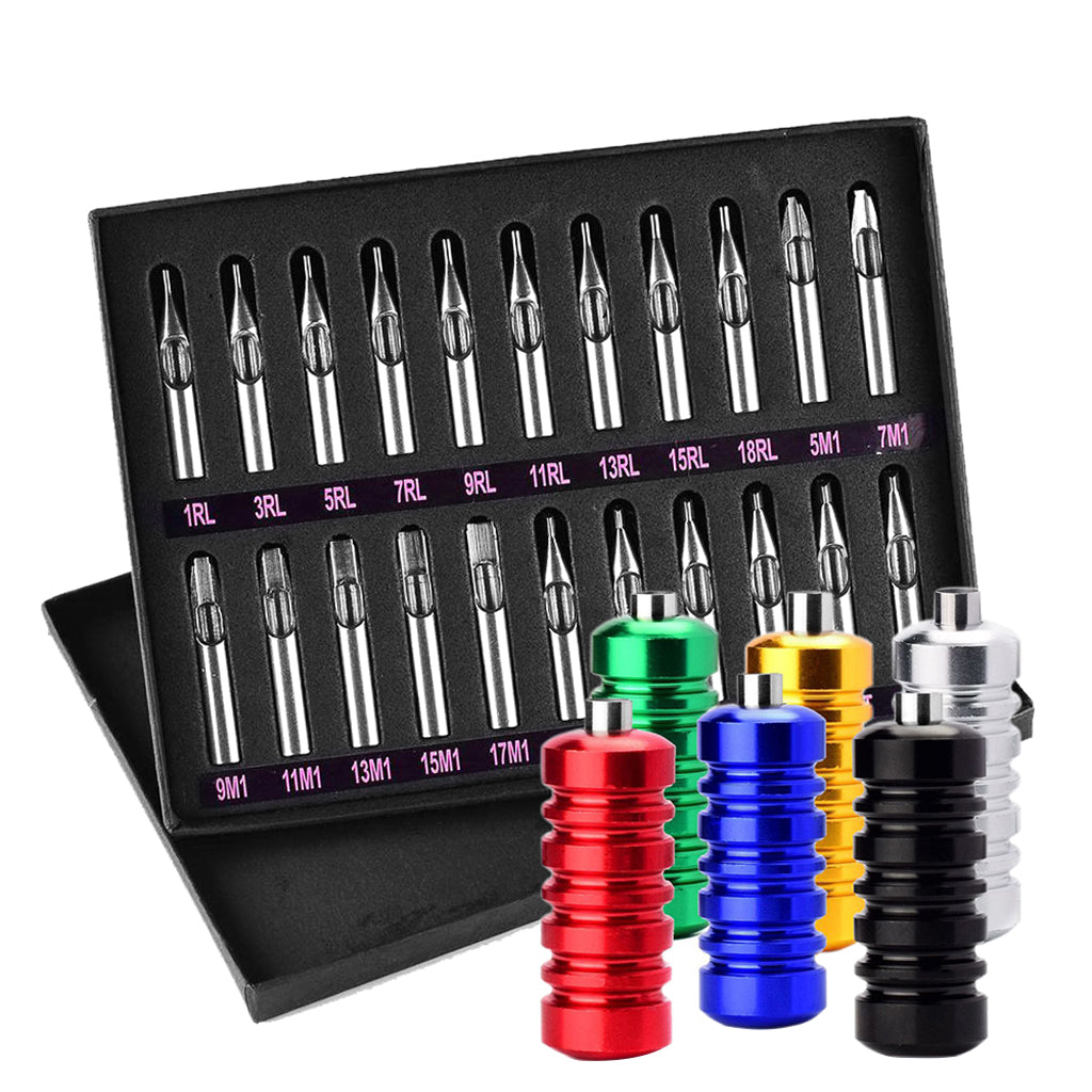 22Pcs/Box Stainless Steel Tattoo Tips Nozzles Set with 6Pcs Aluminum Ribbed Grips