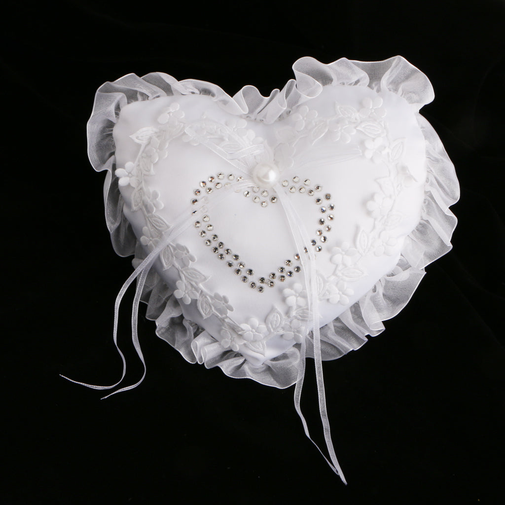 Wedding Supplies White Heart Rhinestone Satin Wedding Ring Bearer Pillow