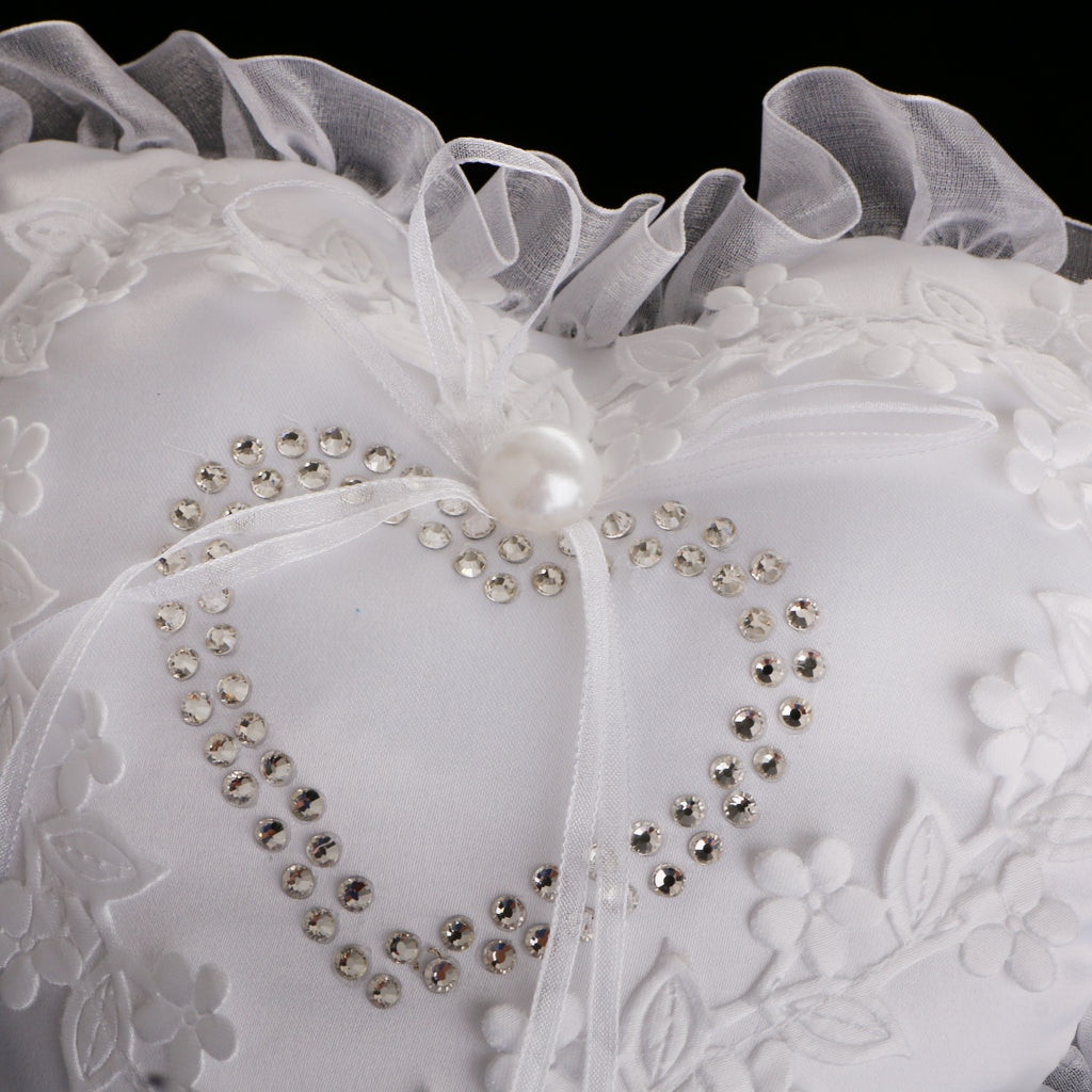 Wedding Supplies White Heart Rhinestone Satin Wedding Ring Bearer Pillow