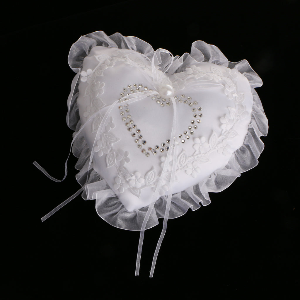 Wedding Supplies White Heart Rhinestone Satin Wedding Ring Bearer Pillow