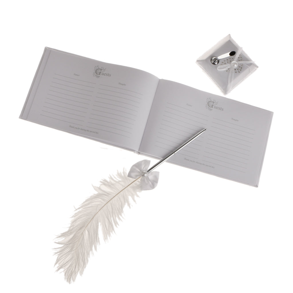 Wedding Heart Flower Reception Guest Book Feather Bowknot Pen and Stand Set