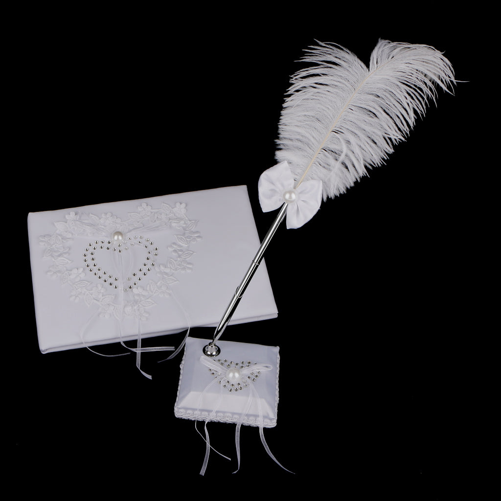 Wedding Heart Flower Reception Guest Book Feather Bowknot Pen and Stand Set