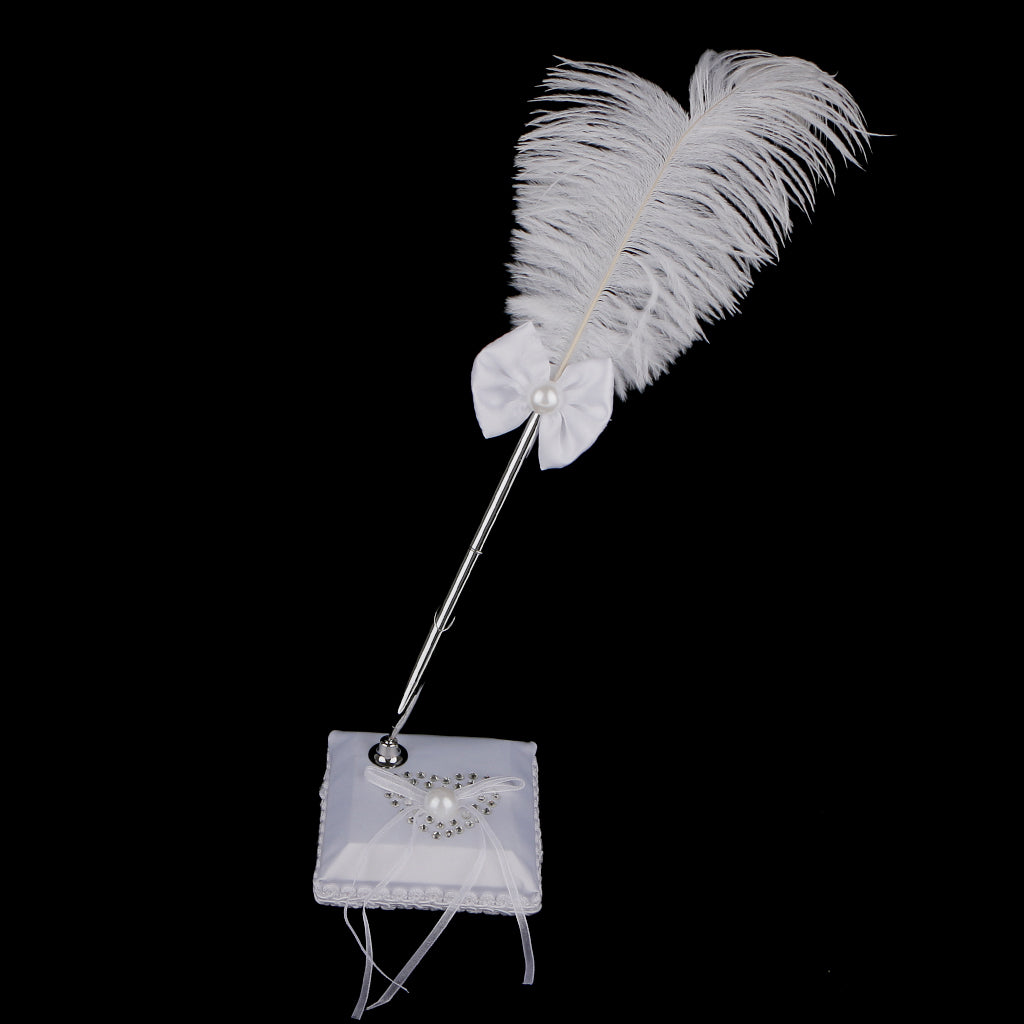 Wedding Heart Flower Reception Guest Book Feather Bowknot Pen and Stand Set