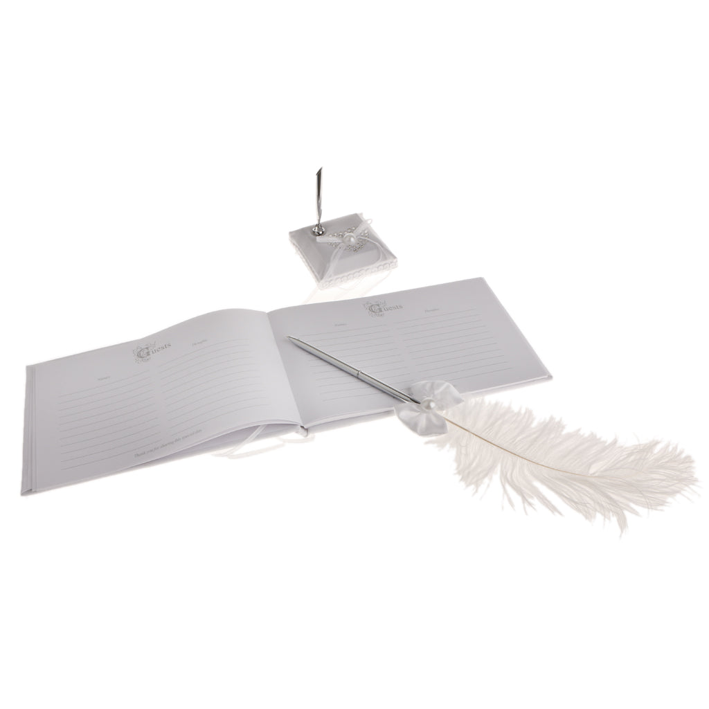 Wedding Heart Flower Reception Guest Book Feather Bowknot Pen and Stand Set