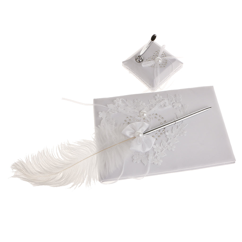 Wedding Heart Flower Reception Guest Book Feather Bowknot Pen and Stand Set