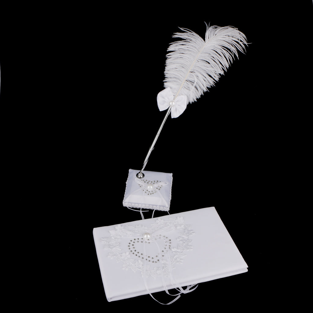 Wedding Heart Flower Reception Guest Book Feather Bowknot Pen and Stand Set