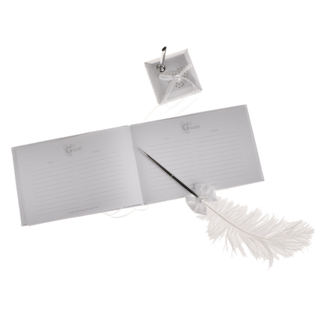 Wedding Heart Flower Reception Guest Book Feather Bowknot Pen and Stand Set