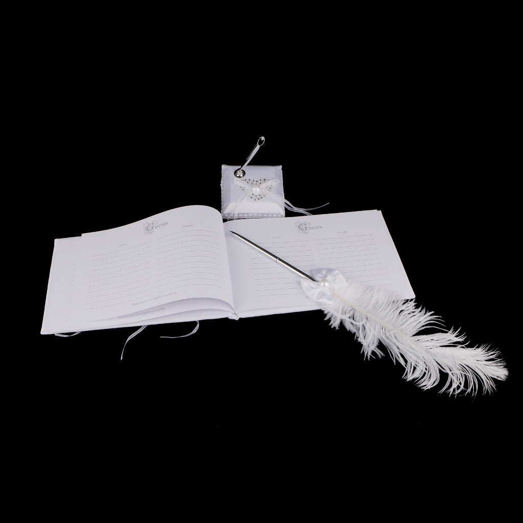 Wedding Heart Flower Reception Guest Book Feather Bowknot Pen and Stand Set