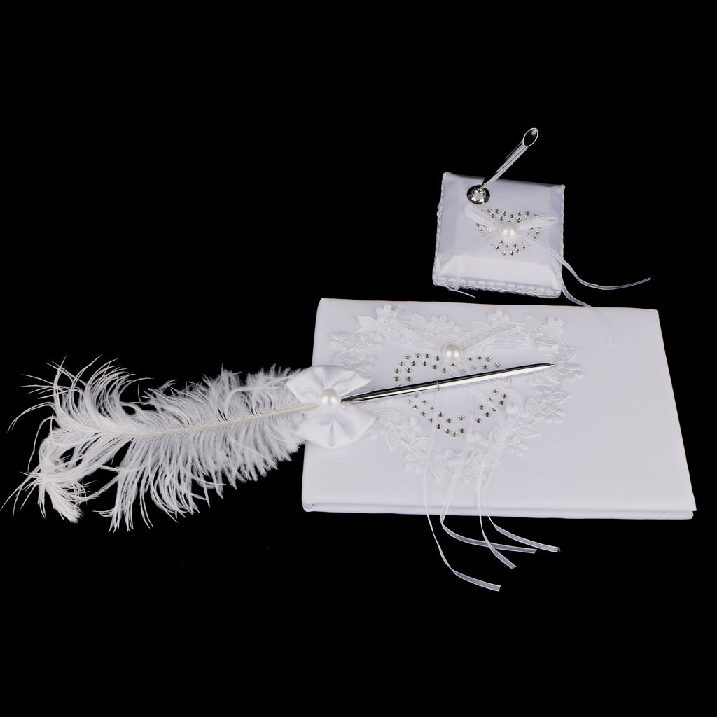 Wedding Heart Flower Reception Guest Book Feather Bowknot Pen and Stand Set