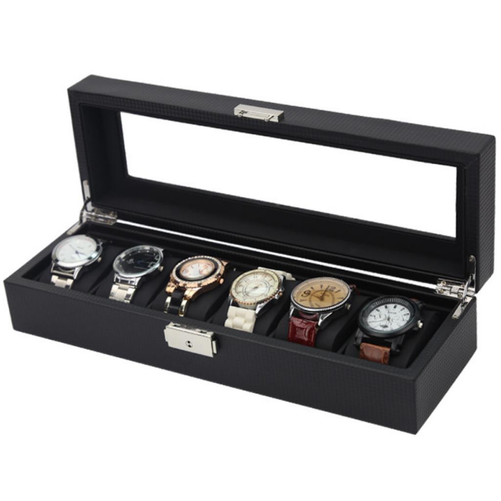 6 Slot Watch Box Case for Men Boxes Display Glass Top Jewelry Collection Storage Boxes Organizer