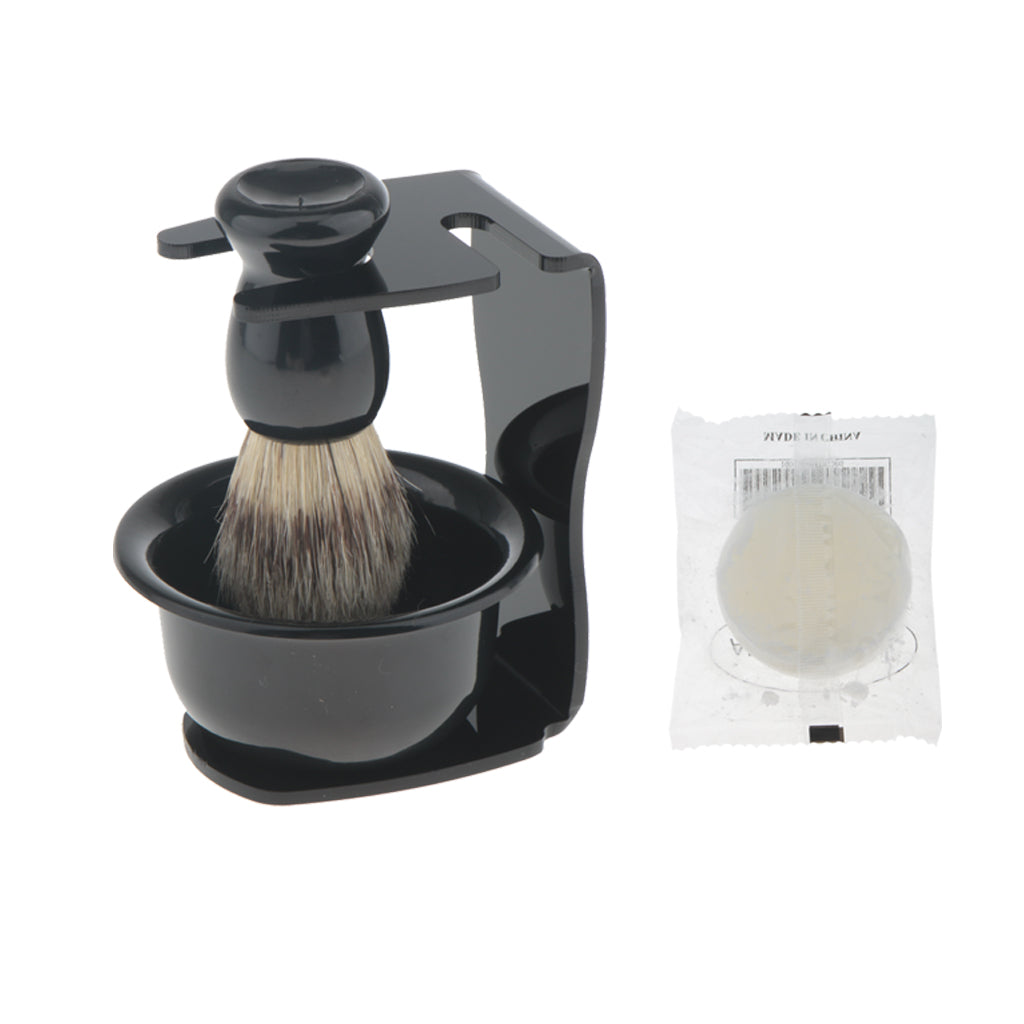 4 In 1 Salon Bristle Hair Shaving Brush with Black Plastic Soap Mug Bowl and Shaving Brush Holder Stand Shave Soap Travel Set for Salon Barber Men