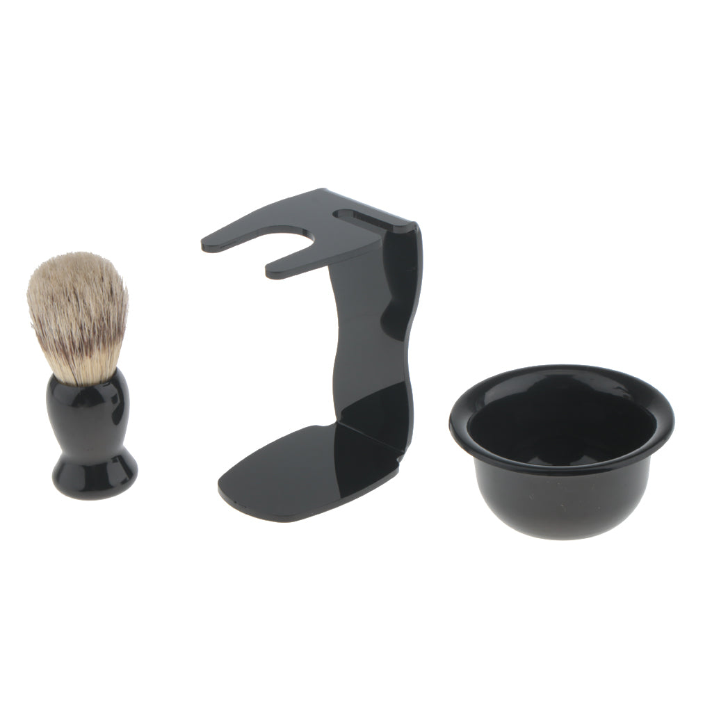 4 In 1 Salon Bristle Hair Shaving Brush with Black Plastic Soap Mug Bowl and Shaving Brush Holder Stand Shave Soap Travel Set for Salon Barber Men