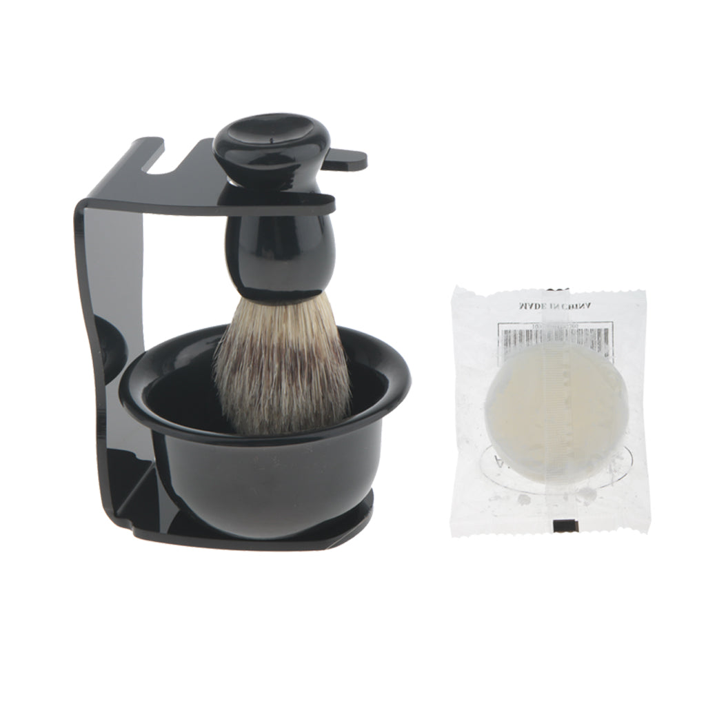 4 In 1 Salon Bristle Hair Shaving Brush with Black Plastic Soap Mug Bowl and Shaving Brush Holder Stand Shave Soap Travel Set for Salon Barber Men