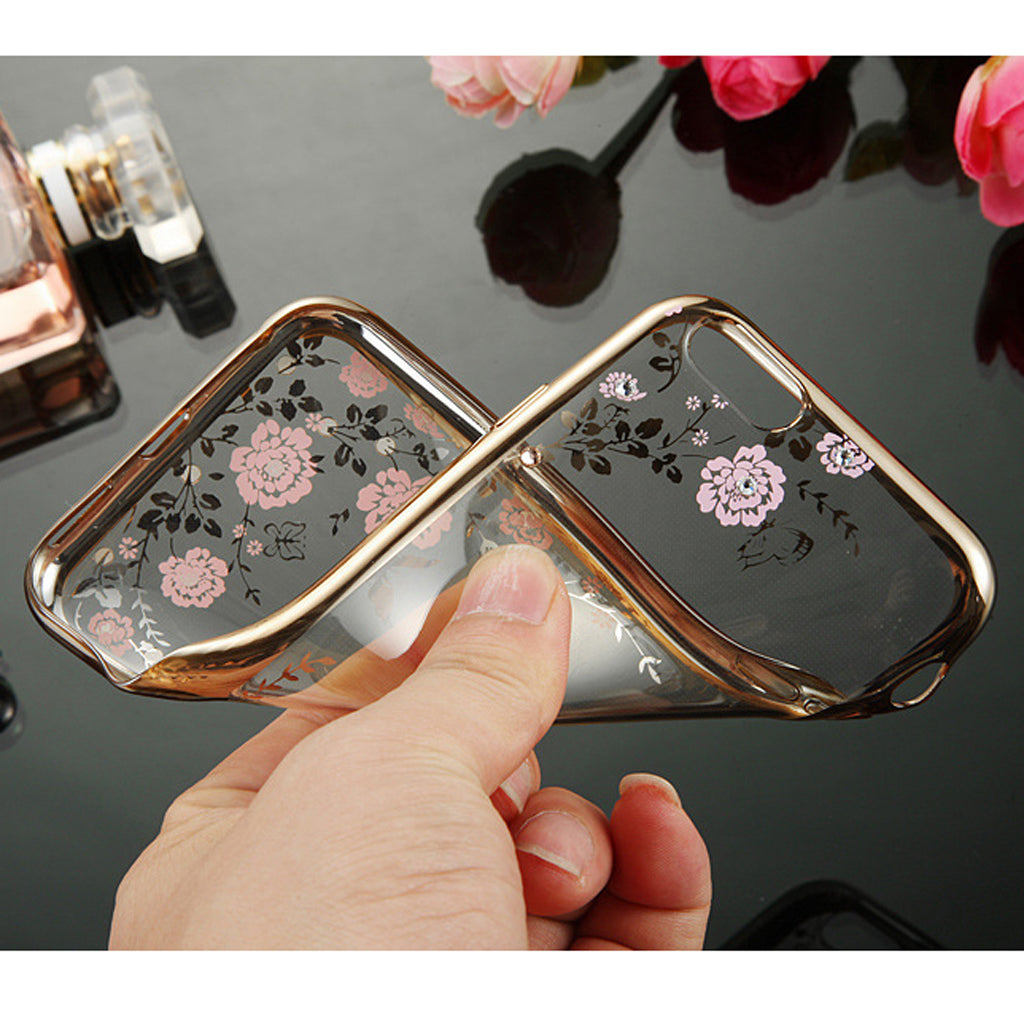 Fashionable Crystal Flower Charms Phone Case Cover COMPATIBLE FOR IPhone 6/6s Plus Dust Scratch Protection -Rose Gold Pink Flower