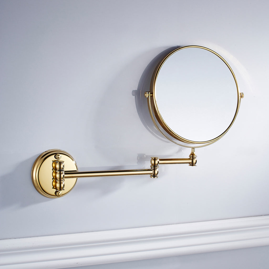 Easy Install Bathroom Wall Mounted Round Base Design Magnifying Dual Side Adjustable Makeup Beauty Mirror Gold