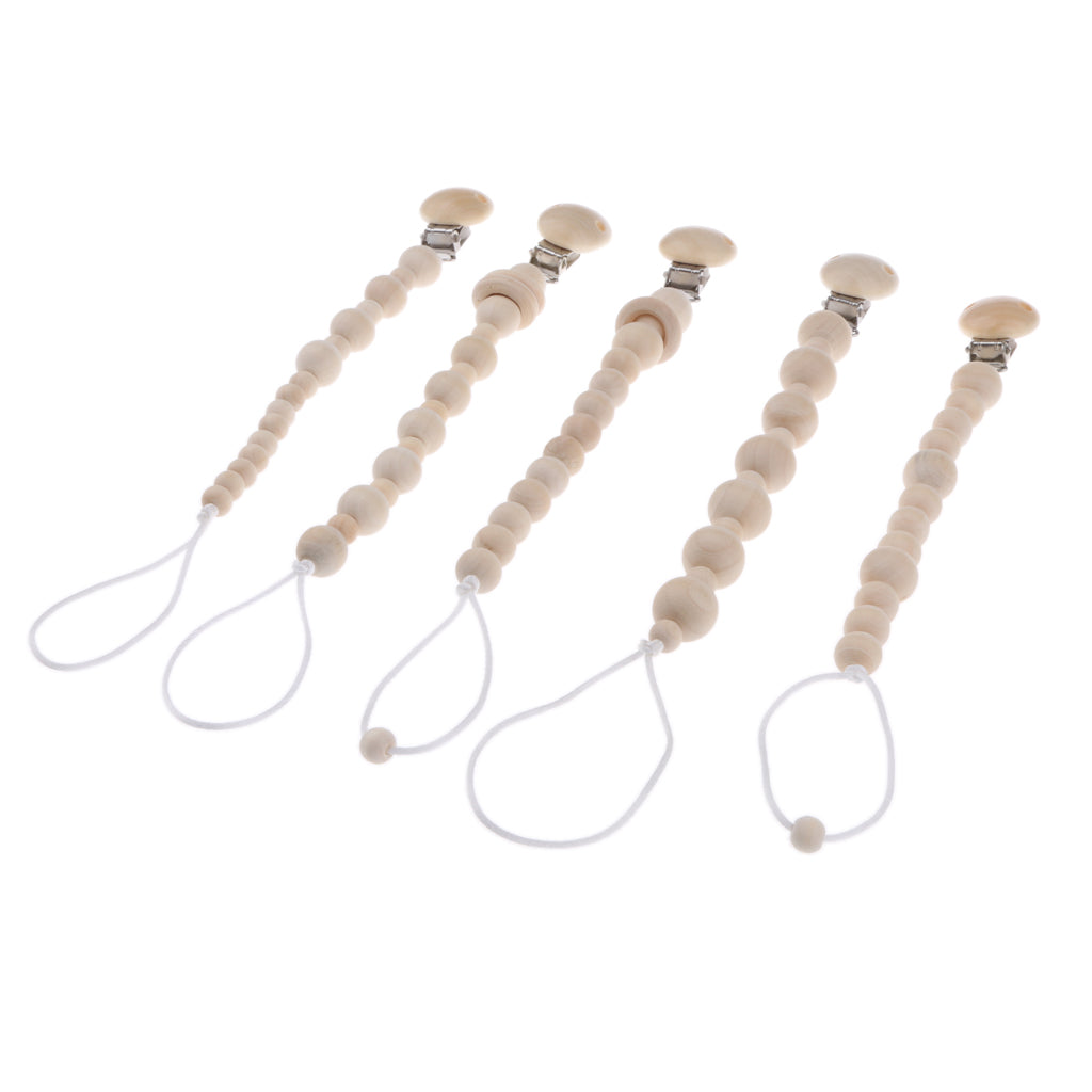 5Pcs Baby Infant Pacifier Soother Dummy Nipple Leash Strap Wood Chain Clip Holder Toys Gift