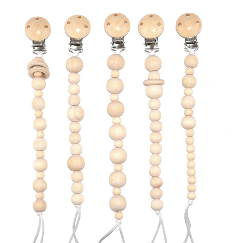 5Pcs Baby Infant Pacifier Soother Dummy Nipple Leash Strap Wood Chain Clip Holder Toys Gift