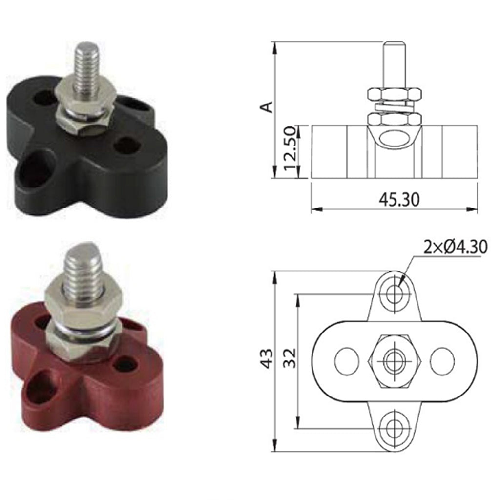 Red & Black Junction Block Power Post Set Insulated Terminal Stud 8mm Ring for Marine Boat Yachts Car Truck RV