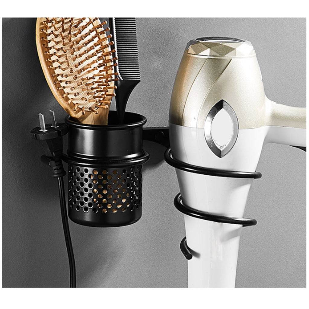 Black Aluminum Hair Blow Dryer Holder Wall Mount Spiral Blower Rack Hanging Shelf With Cup and Plug Hook for Bathroom Washroom