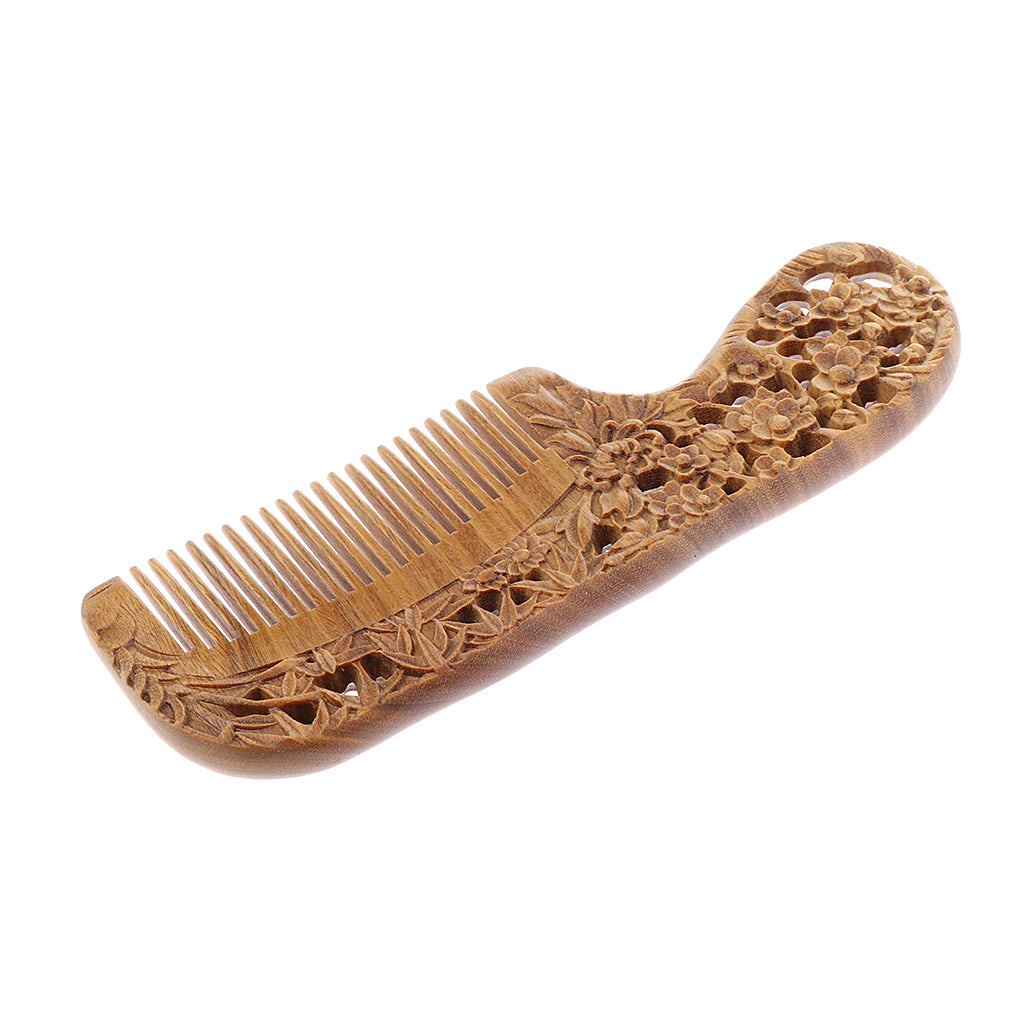 Hand Carved Sandalwood Wooden Beard and Hair Comb With Handle Handmade Natural Anti-Static No Snag Scalp Massage